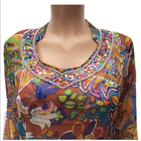 Sunflower Floral Sequin Neckline Long Sleeve Sheer Swimsuit Cover Up Size Small - Picture 3 of 9